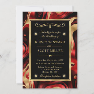 Invitation Élégant Mariage au Rouge Fondu et Feuille d'Or