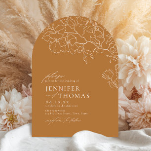 Invitation Élégant mariage automnal floral doré dessiné à la