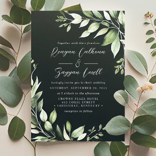 Invitation Élégant mariage avec feuillage vert foncé et écrit