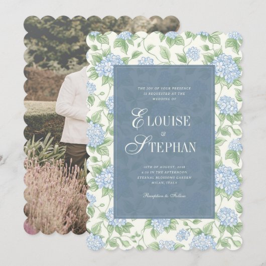 Invitation Élégant mariage avec Hydrangea Blue Sage à bordure (Devant / Derrière)