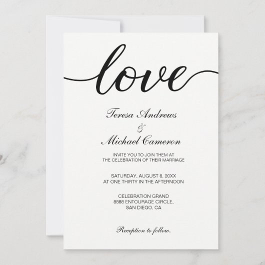 Invitation Élégant mariage avec texte d'amour noir et blanc (Devant)