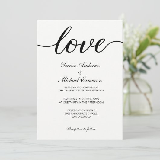 Invitation Élégant mariage avec texte d'amour noir et blanc (Debout devant)