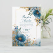 Invitation Élégant Mariage Azure Blooms & Gold Frame (Debout devant)