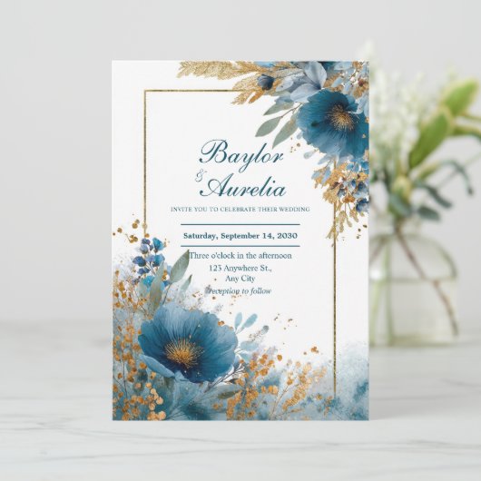 Invitation Élégant Mariage Azure Blooms & Gold Frame (Debout devant)