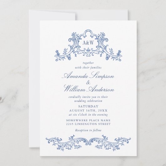 Invitation Elégant Mariage Baroque Bleu Ornate Frame Photo QR (Devant)