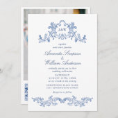 Invitation Elégant Mariage Baroque Bleu Ornate Frame Photo QR (Devant / Derrière)