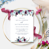 Invitation Elégant Mariage Berry, Bourgogne et Blue Blooms