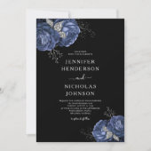 Invitation Élégant Mariage Black Blue Peonies (Devant)