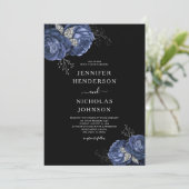 Invitation Élégant Mariage Black Blue Peonies (Debout devant)