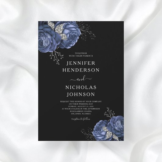 Invitation Élégant Mariage Black Blue Peonies