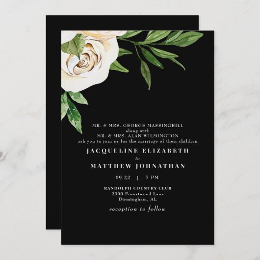 Invitation Élégant Mariage Black Cream Peonies (Devant / Derrière)