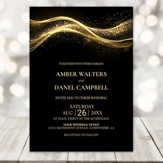 Invitation Élégant Mariage Black Gold