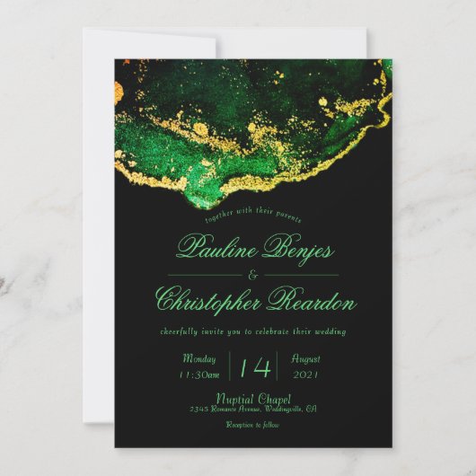 Invitation Élégant Mariage Black Green Gold (Devant)