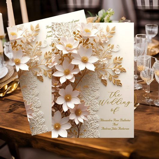Invitation Elégant mariage blanc dentelle or rose Fleurs