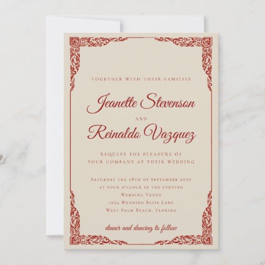 Invitation Élégant Mariage blanc d'os rouge en rubis monochro (Devant)