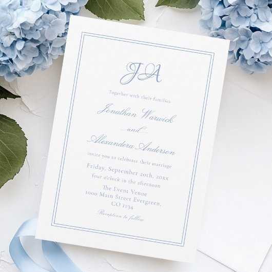 Invitation Elégant Mariage blanc et bleu poussiéreux
