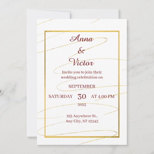 Invitation Élégant Mariage blanc et or (Devant)