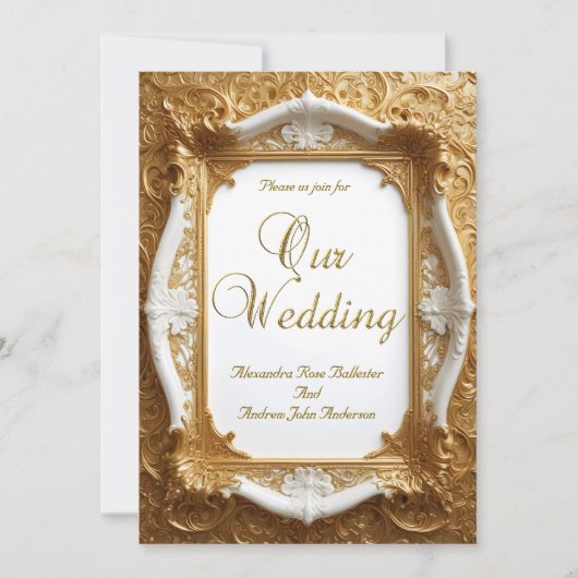 Invitation Elégant mariage Blanc Or Ornate Frame (Devant)