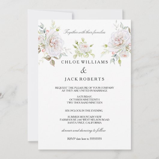 Invitation Élégant mariage blanc rose bouquet (Devant)