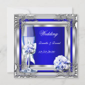 Invitation Elégant mariage bleu argent Roses floraux (Devant)