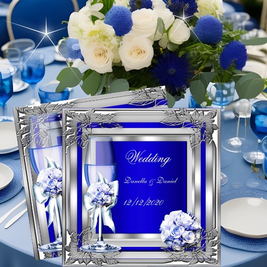 Invitation Elégant mariage bleu argent Roses floraux