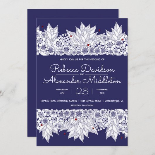 Invitation Elégant Mariage bleu blanc (Devant / Derrière)