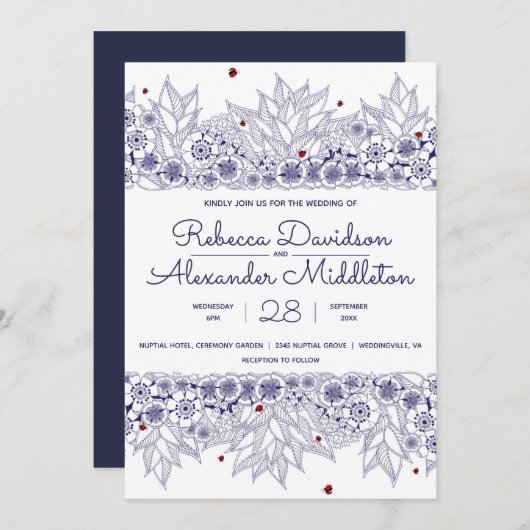Invitation Elégant Mariage bleu blanc (Devant / Derrière)