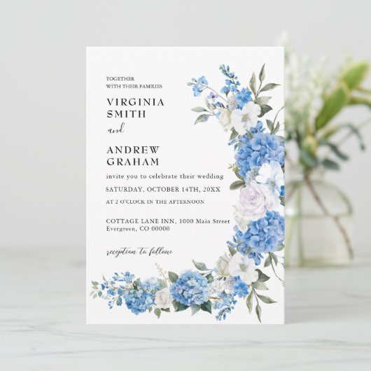 Invitation Elégant Mariage bleu bleu floral Bow (Debout devant)
