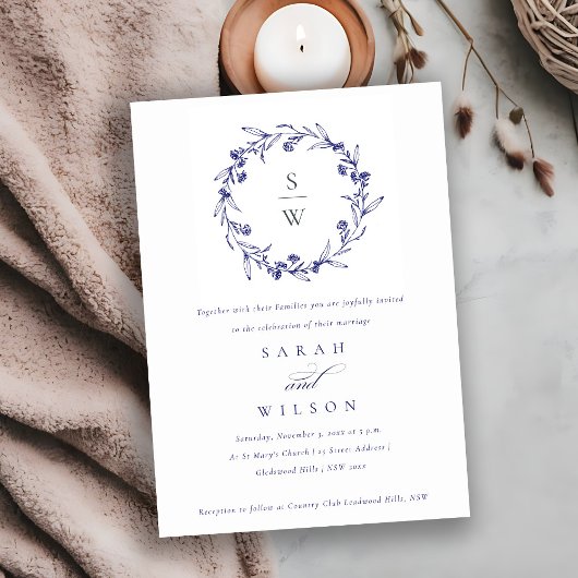 Invitation Élégant Mariage bleu de la marine Floral Laurel