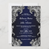 Invitation Élégant Mariage bleu dentelle blanche (Devant)