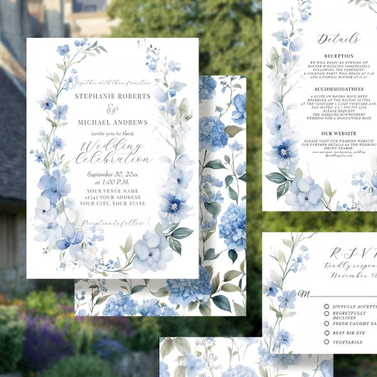Invitation Élégant Mariage bleu et blanc Floral été
