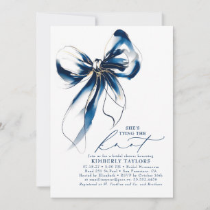 Invitation Élégant mariage bleu et or avec nœud papillon