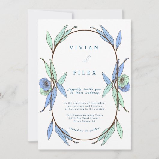 Invitation Élégant Mariage bleu floral (Devant)