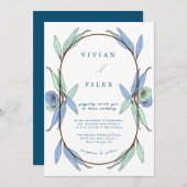 Invitation Élégant Mariage bleu floral (Devant / Derrière)