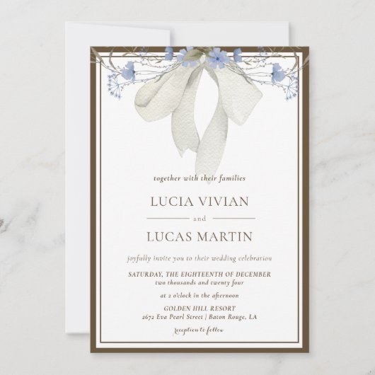 Invitation Élégant Mariage bleu floral Bow (Devant)