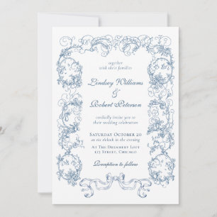 Invitation Élégant Mariage bleu foncé Vintage