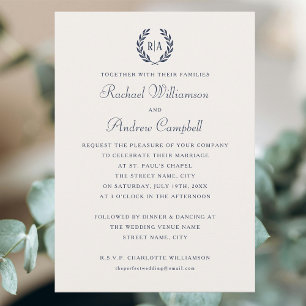 Invitation Élégant Mariage bleu marine Monogram