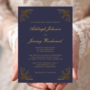 Invitation Élégant Mariage Bleu Nuit Coins Or Vintage
