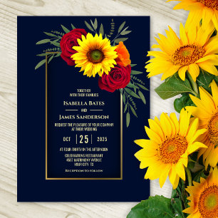 Invitation Élégant Mariage bleu or tournesol rouge rose