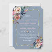 Invitation Elégant Mariage bleu rose rose floral or Dusty (Devant)