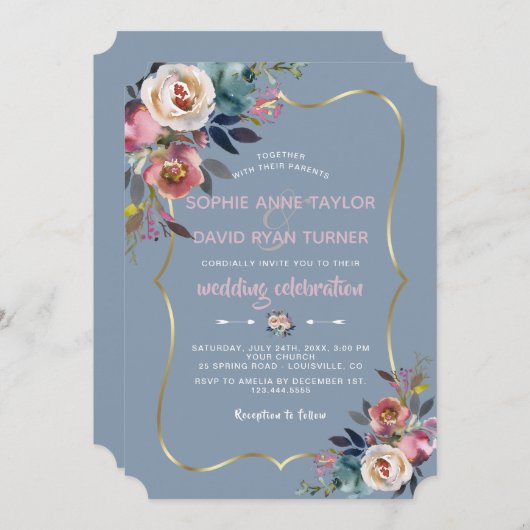 Invitation Elégant Mariage bleu rose rose floral or Dusty (Devant / Derrière)