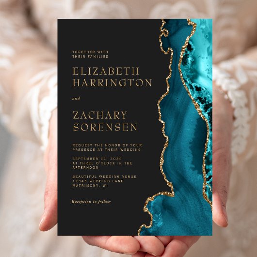 Invitation Élégant mariage bleu sarcelle agate or