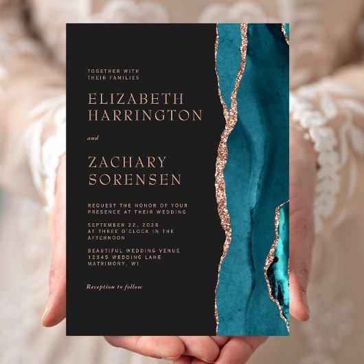 Invitation Élégant Mariage Bleu Sarcelle Agate Or Rose