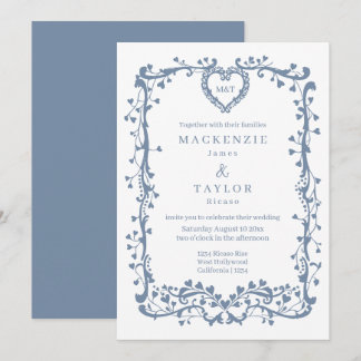 Invitation Élégant mariage bleu sombre cadre français cœur