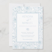 Invitation Élégant Mariage bleu toile fleurie (Devant)