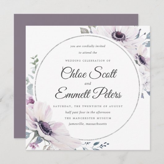 Invitation Élégant Mariage bleu violet fleuri argent (Devant / Derrière)