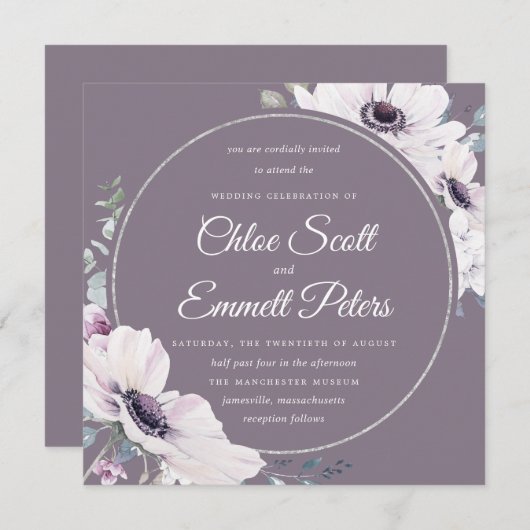 Invitation Élégant Mariage bleu violet fleuri argent (Devant / Derrière)