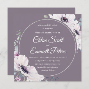 Invitation Élégant Mariage bleu violet fleuri argent