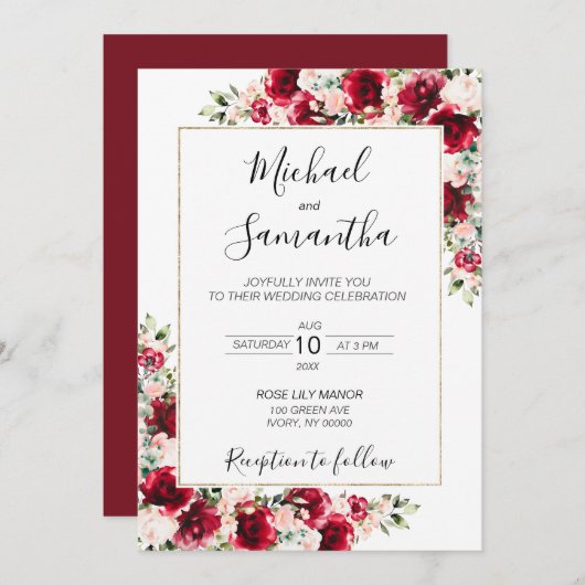 Invitation Élégant Mariage Blush et Red Roses (Devant / Derrière)