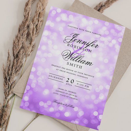 Invitation Elégant Mariage Bokeh éclaire Romantique violet